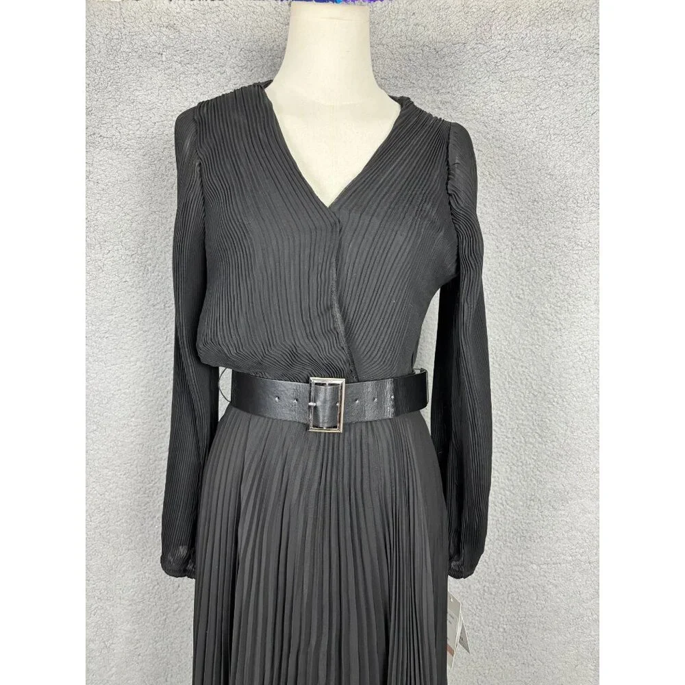 Taylor Women's Black Pleated Belted Fit & Flare Midi Chiffon Dress 12 NWT's. - Picture 2 of 8
